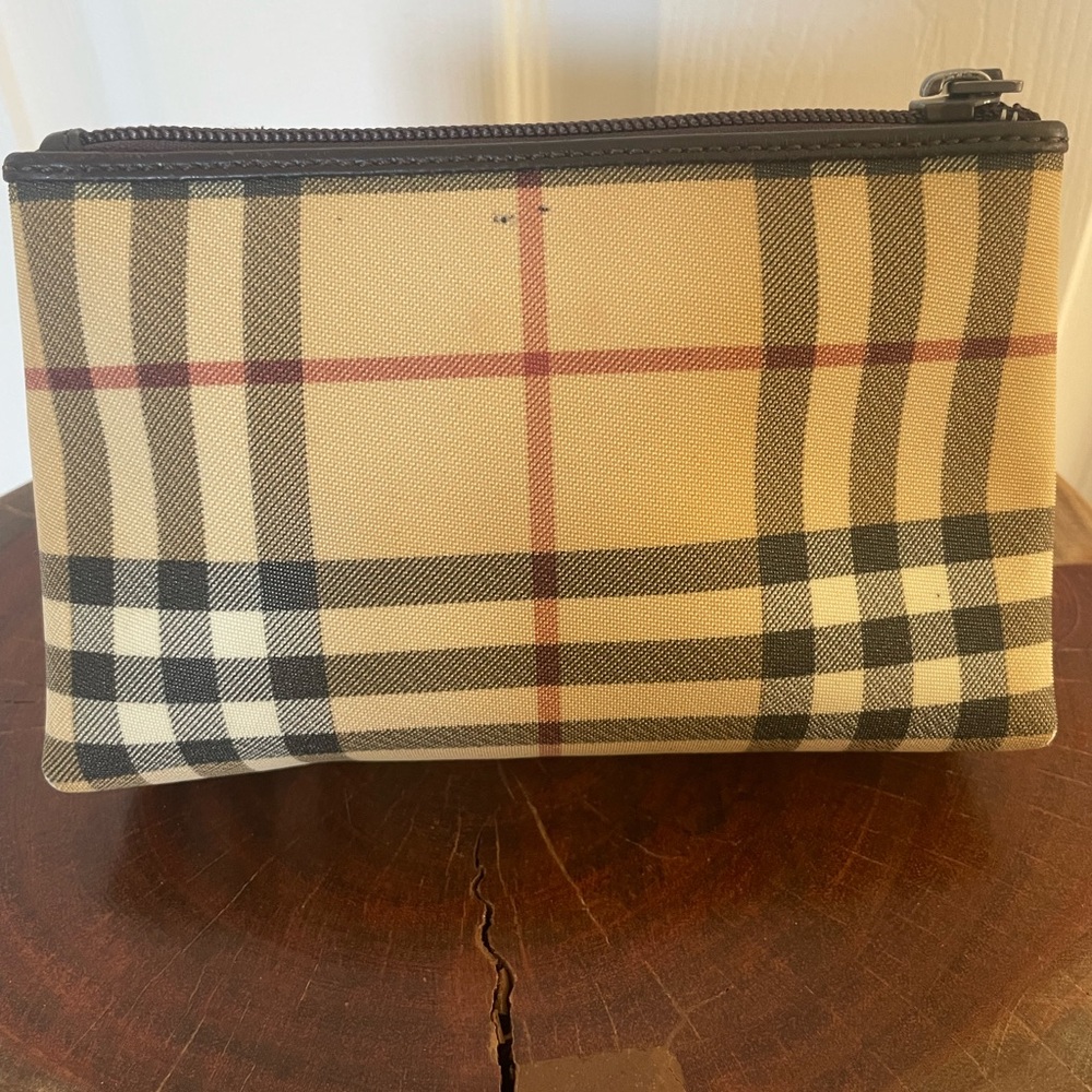 BURBERRY Pouch House Check Brown Beige Canvas and Leather Trim Vintage - Picture 5 of 13